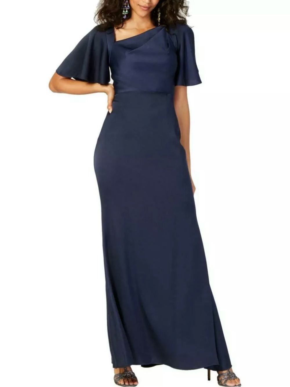 Elegant Navy Blue Maxi Dress with Flutter Sleeves